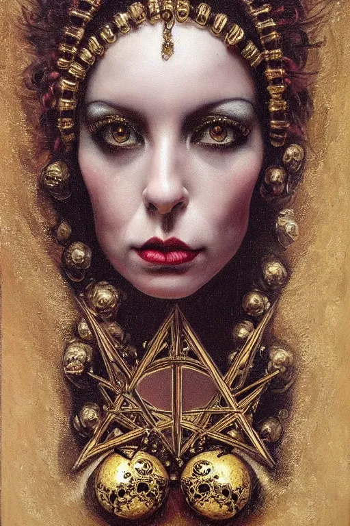 Prompt: hyper realistic painting portrait of the lady of punk, occult diagram, elaborate details, detailed face, intrincate ornaments, gold decoration, occult art, oil painting, art noveau, in the style of roberto ferri, gustav moreau, jean delville, bussiere, andrew gonzalez