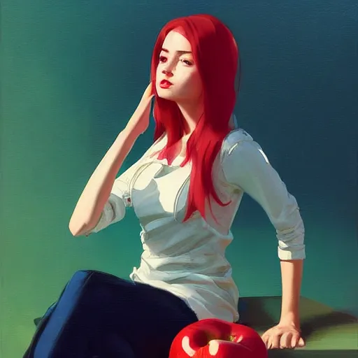 Image similar to hacker girl sits at an apple ] [ e, realistic shaded lighting poster by ilya kuvshinov katsuhiro otomo, magali villeneuve, artgerm, jeremy lipkin and michael garmash and rob rey