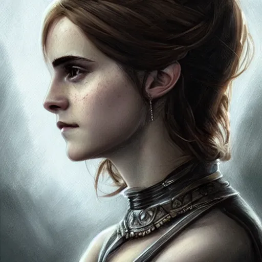 Image similar to drawing of emma watson wearing a knight armor, beautiful piercing eyes, hyper realistic face, in the style of greg rutkowski, fantasy, amazing detail, epic, elegant, smooth