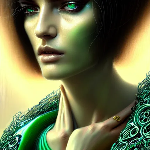 Image similar to woman with extremely large and intricate haircut with angry green eyes and slim features looking askance, eye cyberpunk bionics, retro futurist style, intricate, elegant gleaming intricate baroque jewelry, angelic halo, highly detailed, digital painting, artstation, concept art, smooth, sharp focus, illustration, art by wlop, mars ravelo and greg rutkowski,