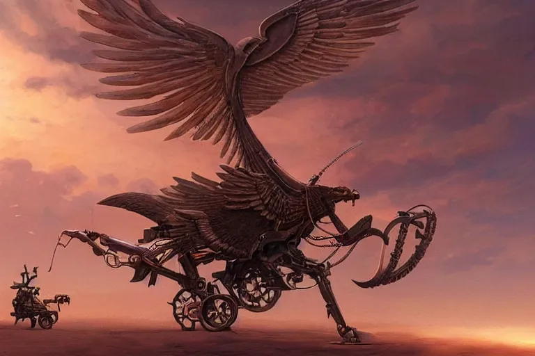 Image similar to a mechanical pegasus flapping its wings in desert sunset, beautiful steampunk painting, greg rutkowski, james gurney, thrending on artstation.