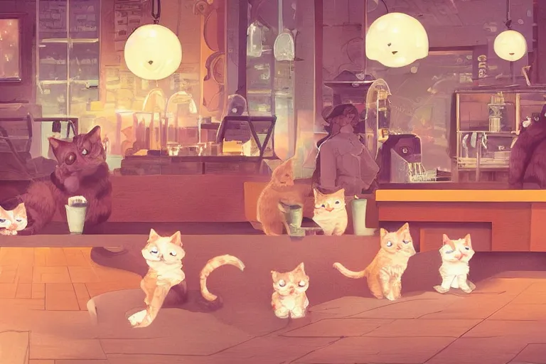 Image similar to kittens in a coffee shop, detailed whimsical illustration, DeviantArt Artstation, bokeh, warm lighting