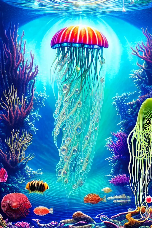 Prompt: a photorealistic detailed image of a beautiful vibrant iridescent underwater seascape of full of colorful aquatic plants and jellyfish, spiritual science, divinity, utopian, by david a. hardy, hana yata, kinkade, lisa frank,