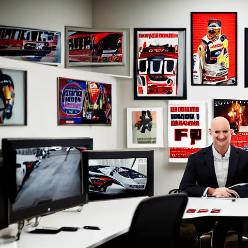 Image similar to cinematic shot of a bald white guy wearing a suit sitting in an office with NASCAR posters portraying Dale Earnhardt Jr covering the walls of the room, 8k, very intricate, very detailed,