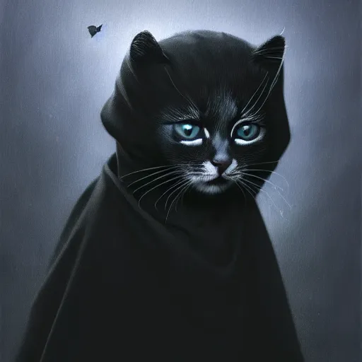 Image similar to a portrait of a kitten wearing a black cloak, cloak covering face, anatomically correct, beautiful perfect face, enigmatic, oil painting, matte, black background, Volumetric dynamic lighting, Highly Detailed, Cinematic Lighting, Unreal Engine, 8k, HD, by Beksinski