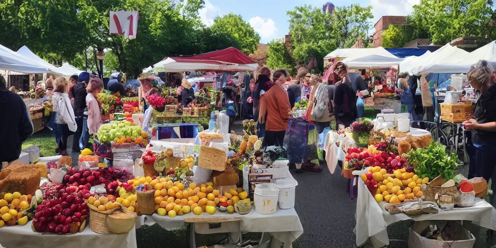 Image similar to a lovely photo, sunday morning at the local farmers market, vendors with fruit and breads, jars of jams and honey, crowds of people, flowers and activity all around, happy, fun