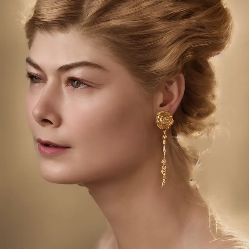 Prompt: gorgeously dreamlike beautiful face Rosamund Pike, hair updo, balayage, natural make-up, luxurious ornate golden jewelry, earrings, low cut dress, dynamic lighting, award winning photo shoot, intricately detailed, glimmering, shining, photo realistic, cinematic, volumetric lighting, fashion portrait, 8K UHD