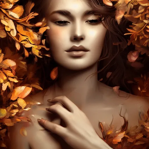 Prompt: a highly detailed digital image of an elegant figure surrounded and engulfed in leaves, matte background, artstation, detailed woman, stunning volumetric lighting, elegant, fantasy, 4k,