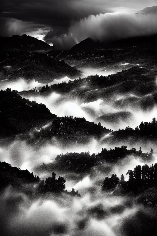 Prompt: a stunning landscape by ansel adams, stormy weather, extreme detail photo quality, dark moody colors, featured on behance