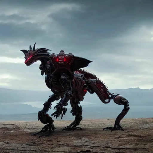 Image similar to cinematic still of westworld, a full body red stunning intricate si - fi robotic fantasy dragon, well armored mech dragon, highly detailed