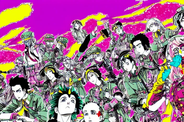 Prompt: The Stalingrad ruins | Colorfull pop art | art by Hirohiko Araki | Hirohiko Araki | Anime wallpaper | funky | colorful | digital art