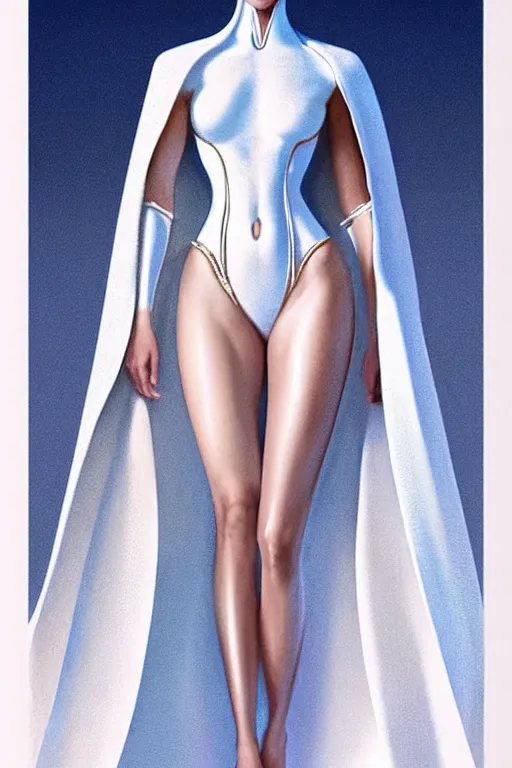 Image similar to detailed beautiful noun in opened white gold blue coat, seductive confident pose, steroid body, very defined and vascular, attractive feminine curves, intricate details, futuristic, alien, elegant cape, elegant, photorealism, trending on artstation, holy halo, advanced technology, art by moebius and vitaly bulgarov and chanthara