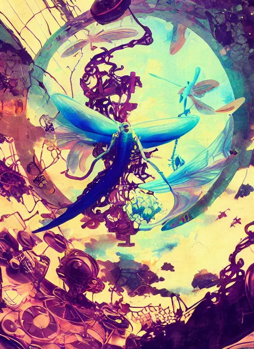 Image similar to surreal gouache painting, by yoshitaka amano, by ruan jia, by Conrad roset, by good smile company, detailed anime 3d render of a magical Dragonfly flying over a flying disco Vinyl, DJ Mixer, deck , controller, portrait, cgsociety, artstation, rococo mechanical and Digital and electronic, dieselpunk atmosphere