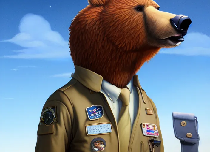 Image similar to character portrait feature of the anthro male anthropomorphic kamchatka brown bear fursona wearing airline pilot outfit uniform professional pilot for the us air force character design stylized by charlie bowater, ross tran, artgerm, and makoto shinkai, detailed, soft lighting, rendered in octane, maldives in background