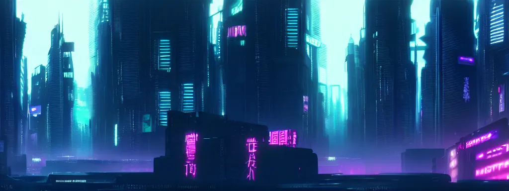 Image similar to matte painting of a dark neon cyberpunk city in the film ghost in the shell, trending on artstation, 8k, ultra hd