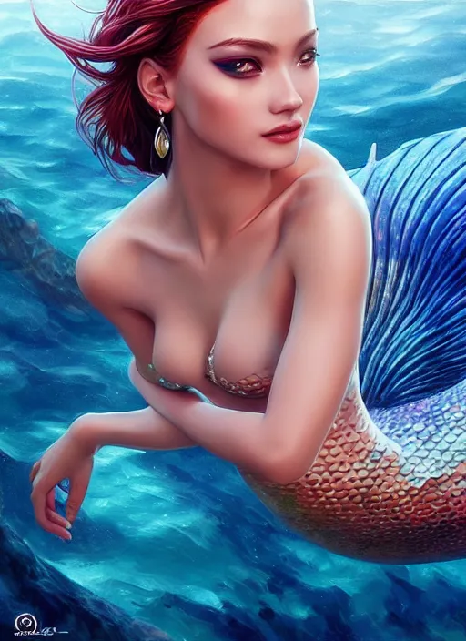 Image similar to photo of a gorgeous mermaid in the style of stefan kostic, realistic, sharp focus, 8 k high definition, insanely detailed, intricate, elegant, art by stanley lau and artgerm