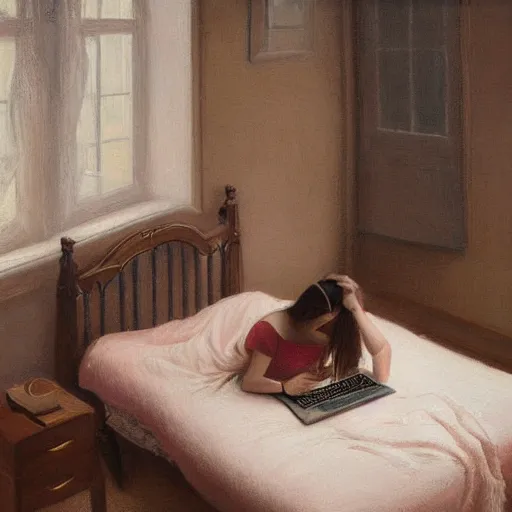 Prompt: highly detailed oil painting of woman wearing glasses with her hair in a ponytail sitting on the carpeted floor beside a bed, working on her laptop, by aron wiesenfeld