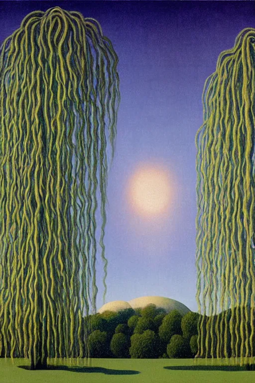 Image similar to weeping willow with an entrance to the entire cosmos by rene magritte and salvadore dali