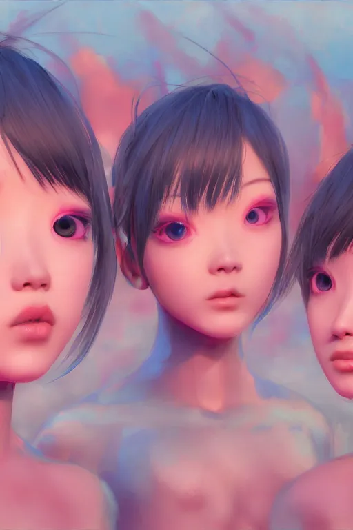 Prompt: 3d dark infrared octane render concept art by D. Jun, by Mo Xiang Tong Xiu, by Igarashi Daisuke, beauty portrait anime three schoolgirls under dark pink and blue water. pretty cute faces and eyes. sunrise. dramatic light, trending on artstation, oil painting, noise.