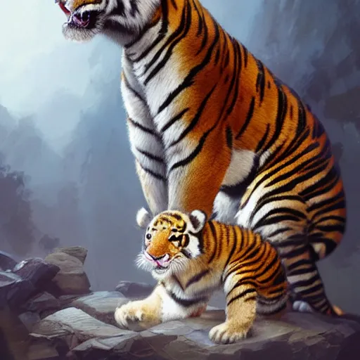 Image similar to a award winnimg commission portrait of a anthro tiger carrying a small cute bunny,digital art,art by greg rutkowski,character design by charles bowater,professional character design,ross tran,artstation,deviantart,photorealistic,detailed face,hyperdetailed,4k