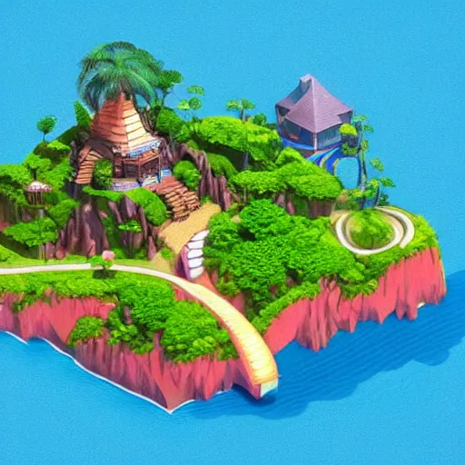 Prompt: Isometric 3D Fantasy Island, very realistic, no background, 3D character, very colourful, cinematic lighting, cgi render, trending on Artstation