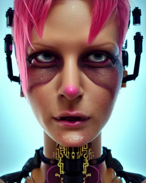 Image similar to portrait of a beautiful tan woman with pink hair as a cyberpunk cyborg half robot, revealing wires and electronics, hooked - up, sci - fi, missing panels, intricate abstract upper body intricate artwork, concept art, octane render, deviantart, cinematic, key art, hyperrealism, iridescent accents, portrait photograph, nikon 3 5 mm, photograph by greg rutkowski