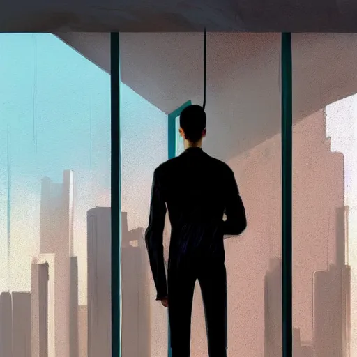 Prompt: concept art by greg rutkowski, very tall and slim young man, standing drinking a coffee looking out a large rectangular window inside a futuristic office, reddish exterior lighting, scifi, highly detailed portrait, digital painting, artstation, concept art, smooth, sharp foccus ilustration, artstation hq