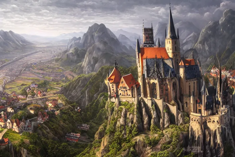 Prompt: an ultra detailed matte landscape painting of an german medieval capital city built into the side of a mountain, gothic architecture, sweeping vista, a large highway leading to tiny coastal fishing village very far away, ultrawide lens, aerial photography, 8 k, volumetric lighting, smooth, highly detailed, digital illustration, art by greg rutkowski and akira toriyama and artgerm