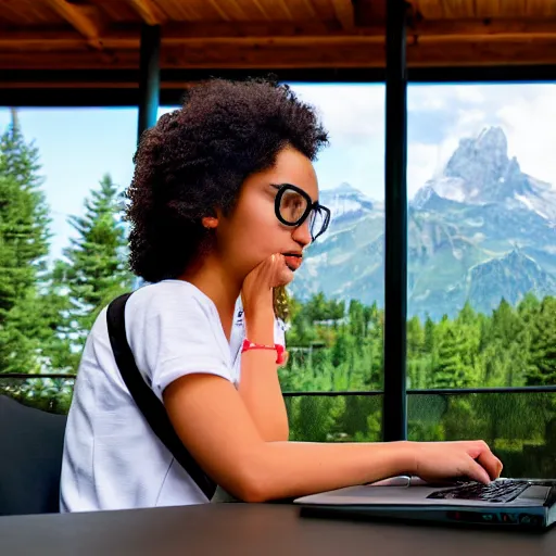 Prompt: smart female junior developer working with laptop in front of a modern campus building outside in the mountains in summer, alps, 4k, digital art, highly detailed, artstation, 8k, ultrafine detail