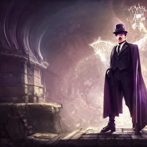 Image similar to portrait of charlie chaplin as a spellcaster, league of legends amazing splashscreen artwork, splash art, natural light, elegant, photorealistic facial features, intricate, fantasy, detailed face, atmospheric lighting, anamorphic lens flare, cinematic lighting, league of legends splash art, hd wallpaper, ultra high details by greg rutkowski