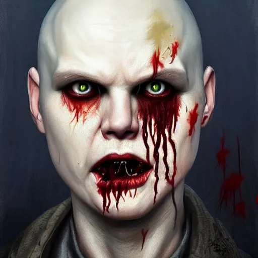 Image similar to color head portrait of young and youthful billy corgan as a zombie, 7 days to die zombie, gritty background, fine art, award winning, intricate, elegant, sharp focus, cinematic lighting, digital painting, 8 k concept art, art by michael hussar, art by brom, art by guweiz and z. w. gu, 8 k