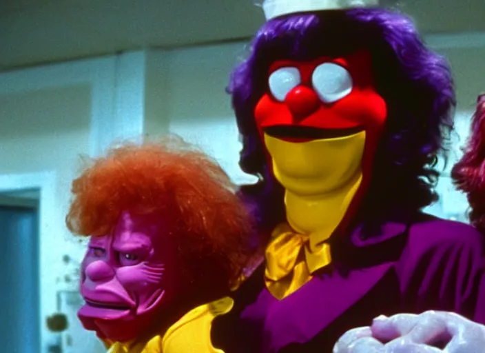 Image similar to film still of ronald mcdonald and grimace in a 1 9 8 0 s horror movie