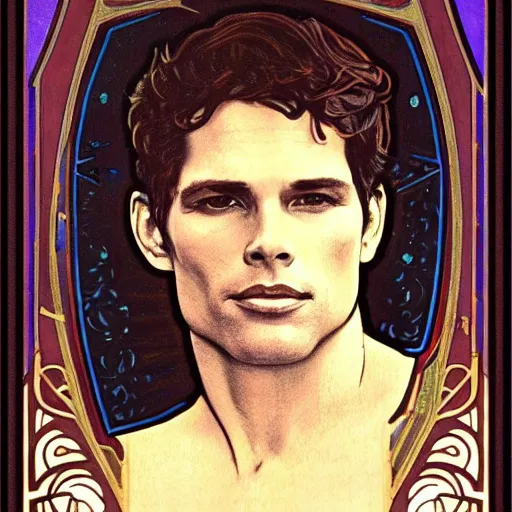 Prompt: james marsden portrait by louis - theophile hingre and alphonse mucha, realistic, sharp focus, zodiac signs, tarot cards, planets, ethereal, art nouveau, magic, moon, sun, crown, dreamy, royal, jewellery