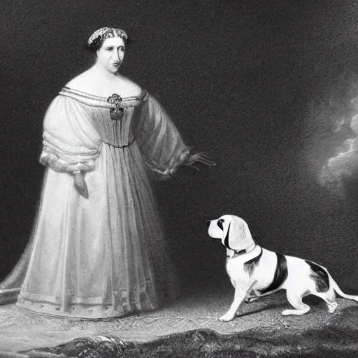 Prompt: a beagle meeting queen Victoria on the Moon