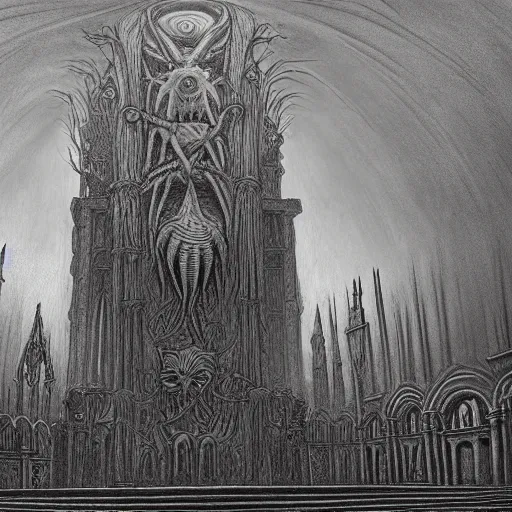 Image similar to monstrous and twisted cathedral with an altar that has a statue to many eyed and four armed cthulhu. in the style of hr giger and zdzisław beksinski piranesi gloom misty glow oil painting biomechanical