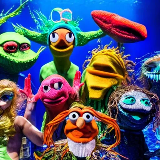 Image similar to a cast of aquatic puppets based on real fish and aiming to bring awareness to ocean pollution, in the style of muppets, in an aquarium, lighting from spongebob the musical on broadway, real, photograph, cinematic