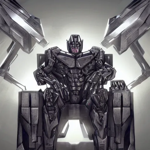 Image similar to detailed picture of megatron sittin on a throne; trending on artstation