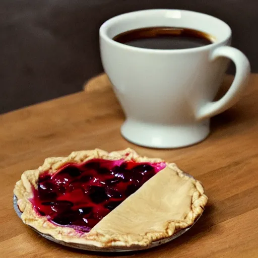 Prompt: inherent symbolism of a black coffee and a cherry pie