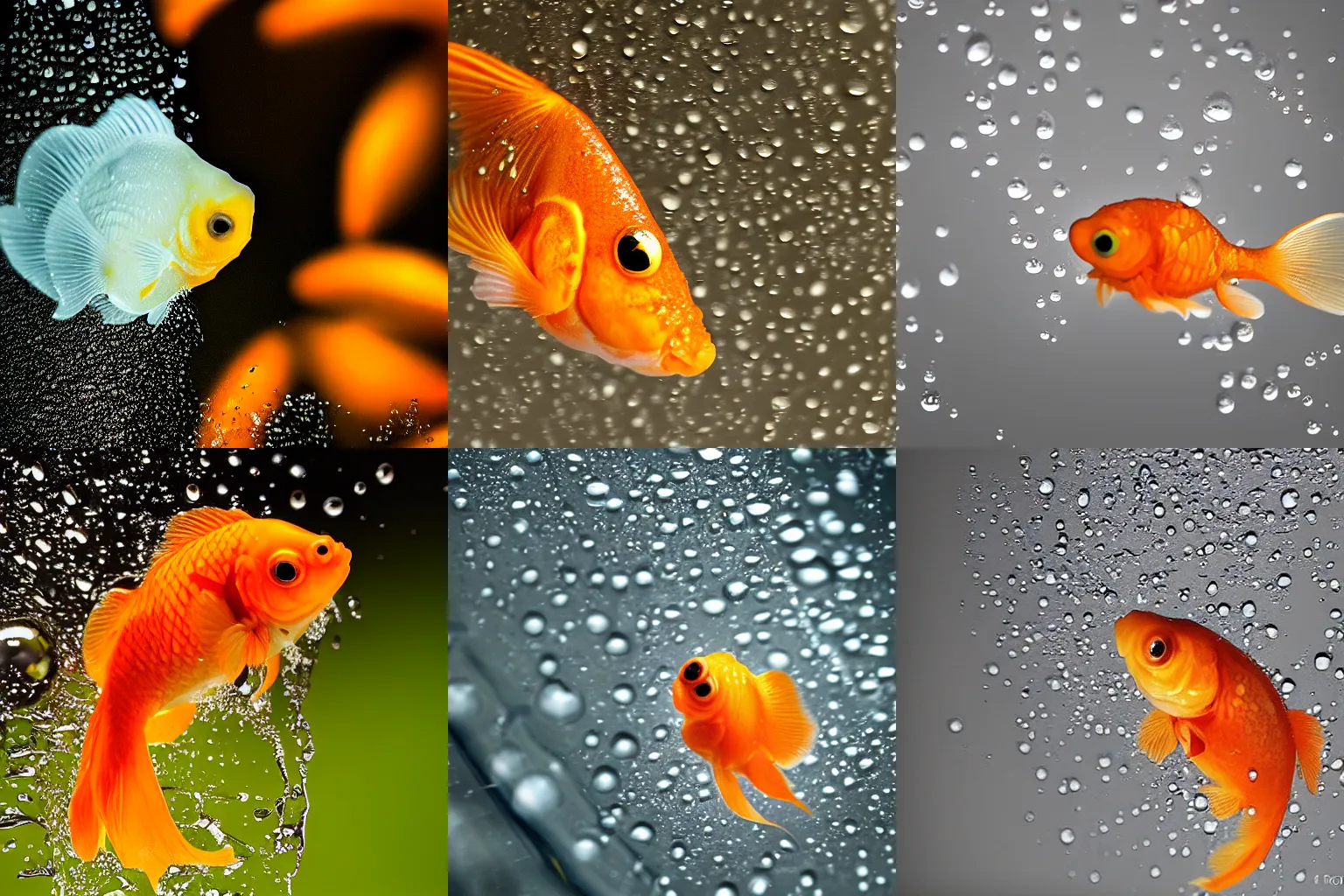 Prompt: extreme macro photography : ( subject = goldfish encased inside a falling rain drop ) zeiss macro lens f / 1 1 aperture, 1 / 5 0 0 shutter speed, off camera flash