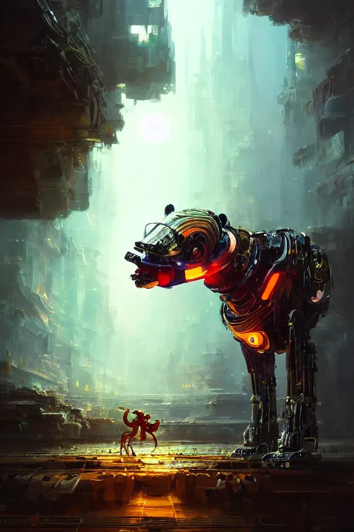 Prompt: sentient being animal - robot, inspired by mario feng, intricate, elegant, volumetric lighting, scenery, digital painting, highly detailed, artstation, sharp focus, illustration, concept art, luis rollo, john berkey, 8 k, ultra hd