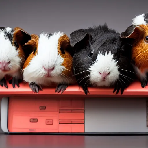 Image similar to photo of cute guinea pigs standing on a computer keyboard, stock art, trending on artstation, detailed, studio lighting