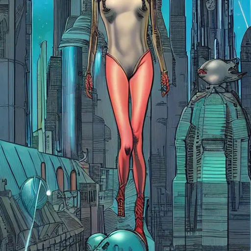 Prompt: Tall beautiful female witch with dark hair, futuristic, alien cityscape, symmetrical face, detailed face, full body, graphic novel, colourful, 2D matte, art by Frank Quitely and Moebius,
