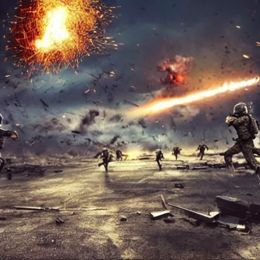 Image similar to hyper realism, realistic apocalyptic war scene, explosions, science - fiction soldiers running, bullet storm