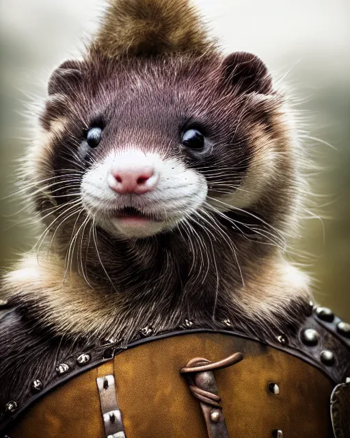 Image similar to ferret warrior, furry, fantasy, viking, high detailed, photography, cloudy, lightweight leather armour, scandinavia, plain, detailed face, look into the distance, serious face, full body, in full growth, professional photographer, masterpiece, 5 0 mm, extremely detailed, digital art 8 k