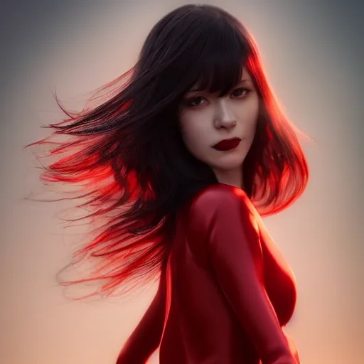 Image similar to portrait of a woman with long black hair and red eyes, wearing a red dress, 8k, close up shot, detailed face, beautiful, octane render, dark lighting, artstation, artgerm, rutkowski, high quality, depth of field, dark colors,