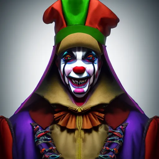 Image similar to a digital art close up portrait of hooded clown jester bard in style of d & d character, handsome warlock character sheet, 4 k, ultra detail, volumetric lighting, unreal engine, octane render, grimdark