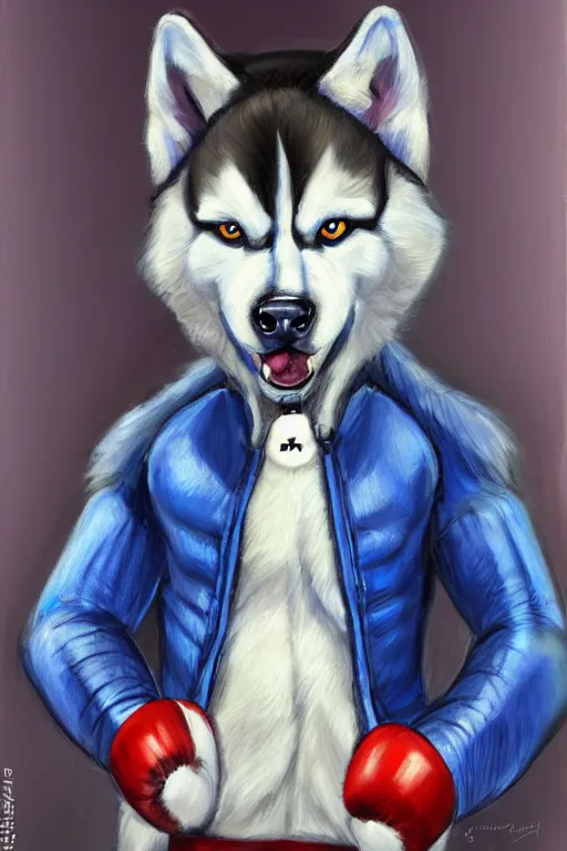 Image similar to a character design of a husky in blue vest, boxing on the stage, portrait painting, anime, studio ghibli, humanoid, anthropomorphic, personify, furry