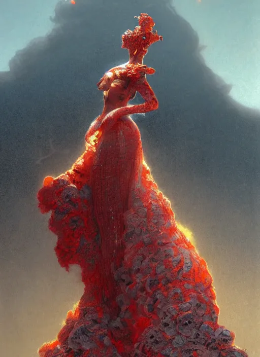 Image similar to Girl at a fashion show in hell, model a magnificent McQueen couture bright clothes, fashion style, horror, fire, lava, intricate, elegant, highly detailed, artstation, concept art, smooth, sharp focus, illustration, art by and greg rutkowski and orientalism and bouguereau and Zdzislaw Beksinski