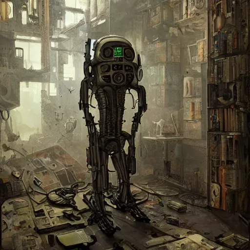 Image similar to minimalist cyborg midget inside byzantine kowloon hoarder labaratory, portrait by by greg rutkowski and h. r. giger and stalenhag and deak ferrand, studio ghibli composition