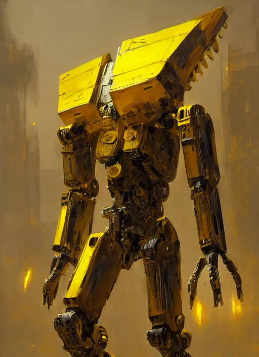 Prompt: human-sized strong intricate yellow pit droid, carrying longsword and paladin shield, pancake flat head, exposed metal bones, painterly humanoid mecha, full body, sharp focus, cinematic, by Greg Rutkowski